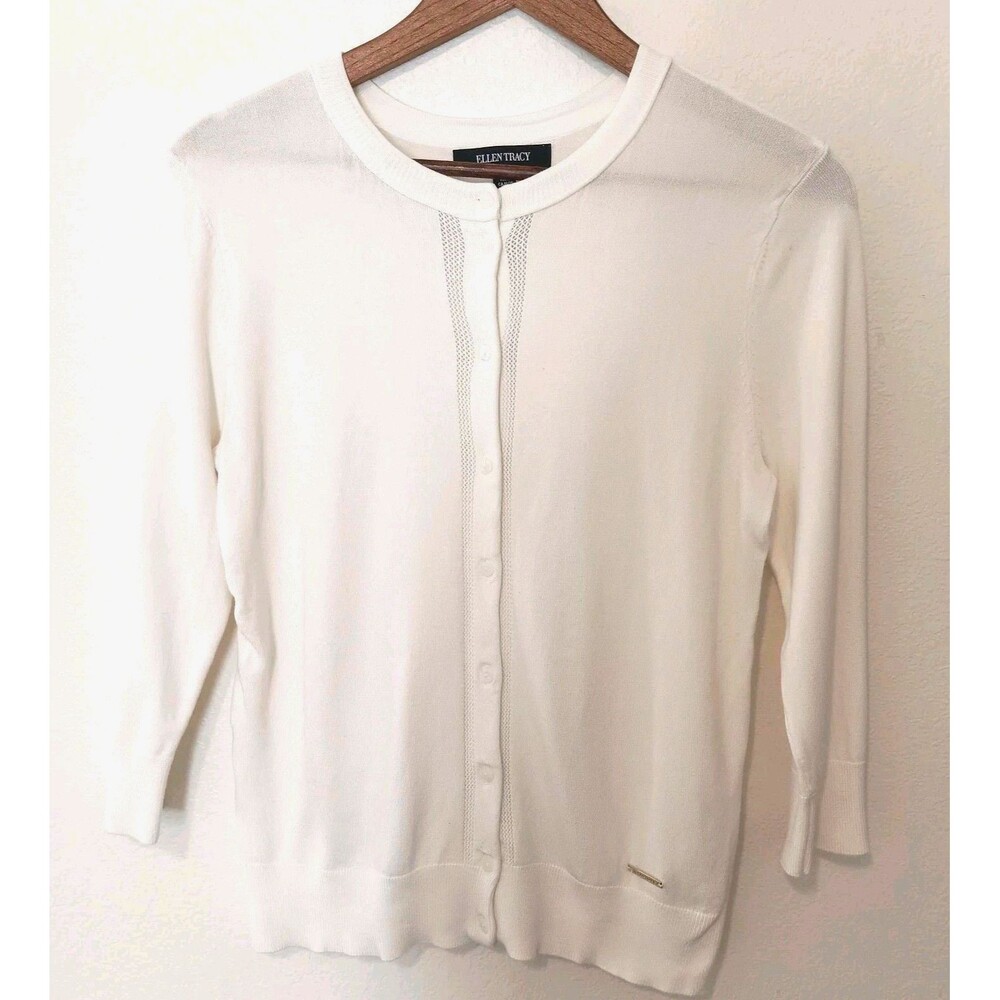 Ellen Tracy White Cardigan Sweater SZ M 3/4 Length Sleeves Viscose Nylon Knit